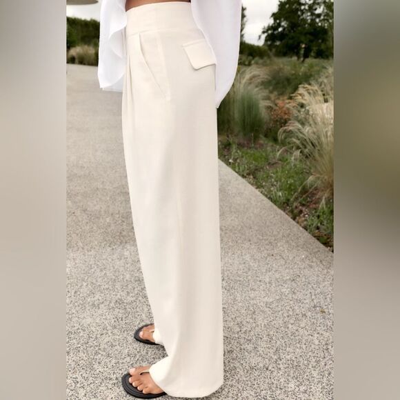 ZARA PLEATED WIDE LEG PANTS ECRU - Picture 3 of 7